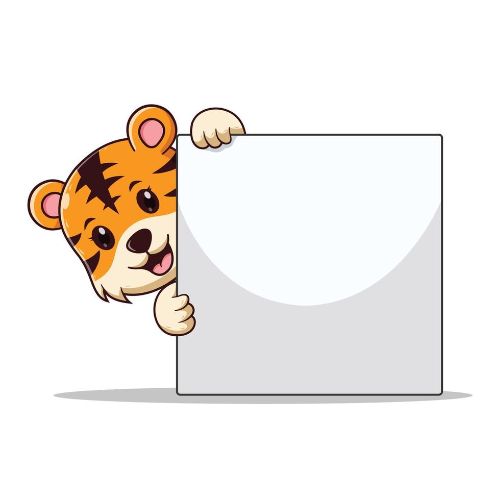 tigre bonito segurando desenhos animados de sinal em branco. conceito de ícone animal. estilo cartoon plana. adequado para página de destino da web, banner, panfleto, adesivo, cartão vetor
