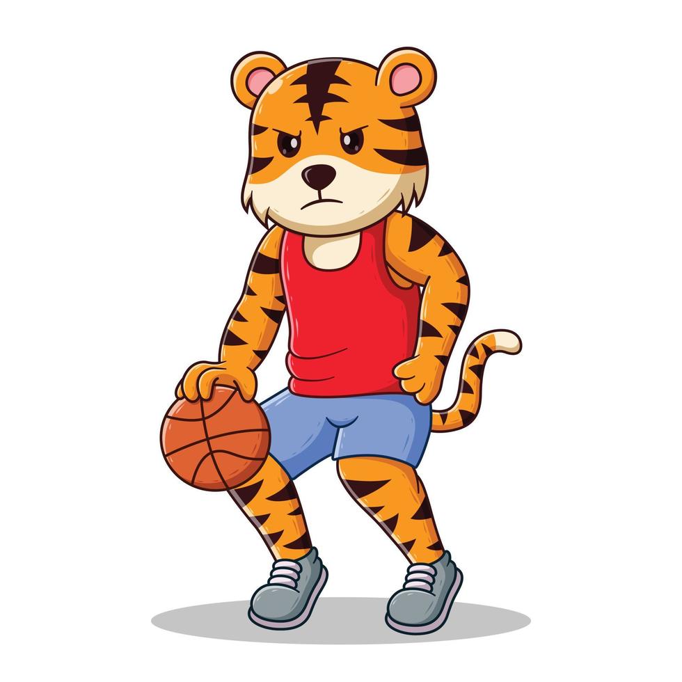 tigre bravo jogando desenho animado de basquete. conceito de ícone animal. estilo cartoon plana. adequado para página de destino da web, banner, panfleto, adesivo, cartão vetor