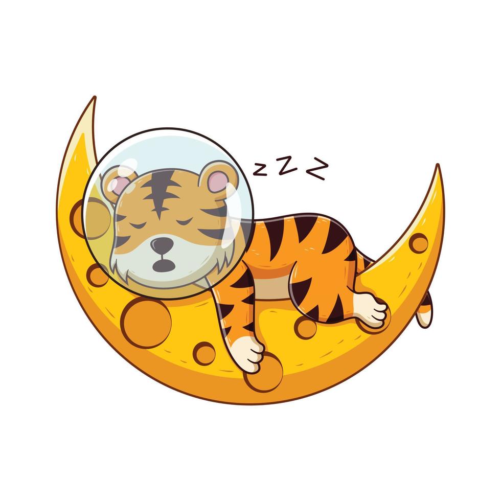 tigre astronauta fofo dormindo no desenho da lua. conceito de ícone animal. estilo cartoon plana. adequado para página de destino da web, banner, panfleto, adesivo, cartão vetor