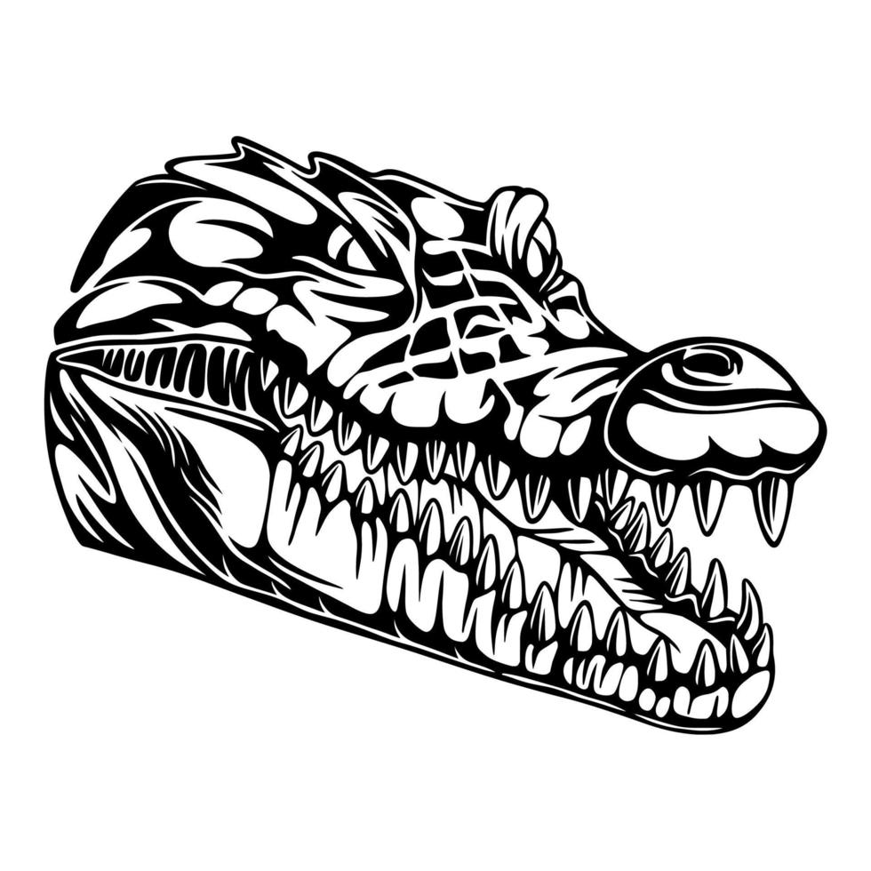 ilustração vetorial cabeça de crocodilo em um círculo com uma pose assustadora design preto e branco vetor