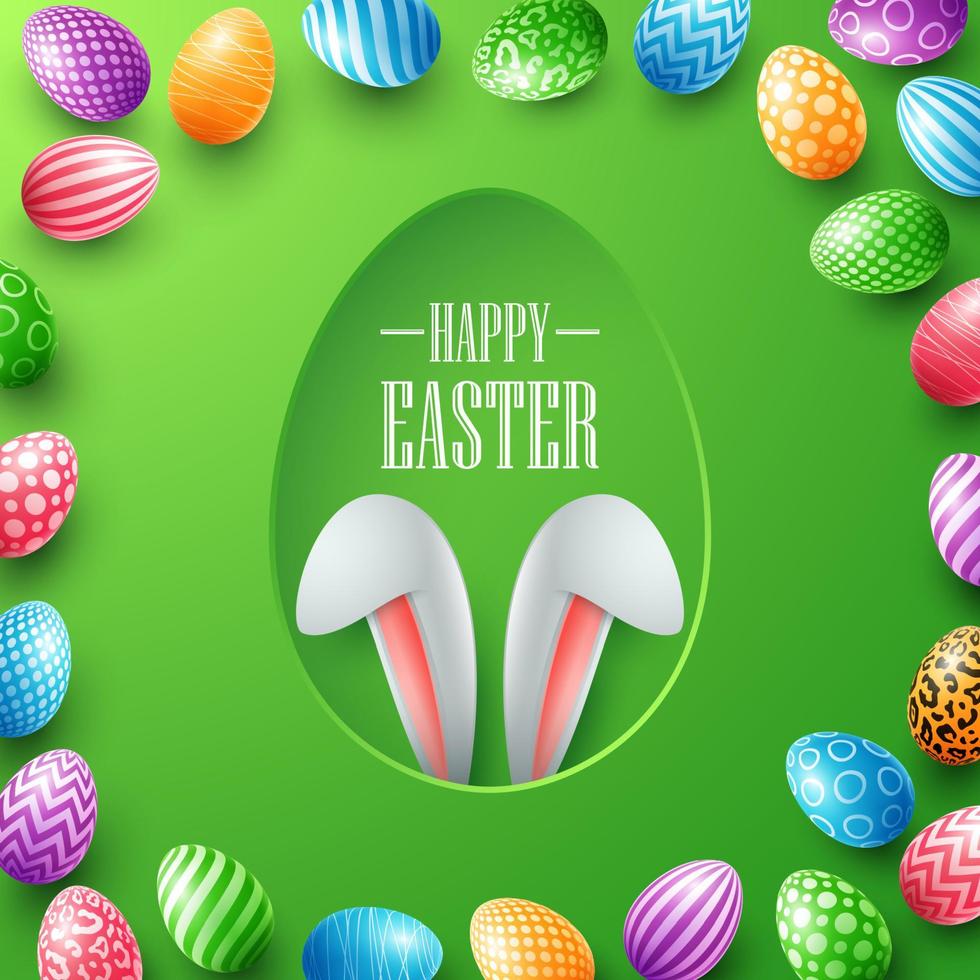 cartão de feliz páscoa com orelhas de coelho escondidas no buraco do ovo e ovos coloridos vetor