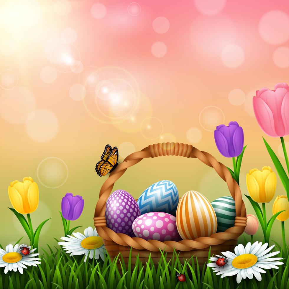 cartão de páscoa com uma cesta cheia de ovos coloridos e flores na grama vetor