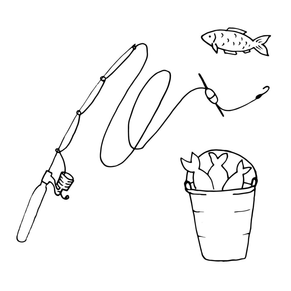 um conjunto de rabiscos de pesca, uma vara de rabiscos, um peixe, uma vara de pescar e um balde de peixe, vetor, isolado em um fundo branco vetor