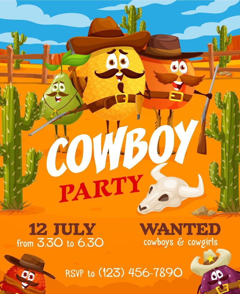 panfleto de festa de cowboy com personagens de frutas ocidentais vetor