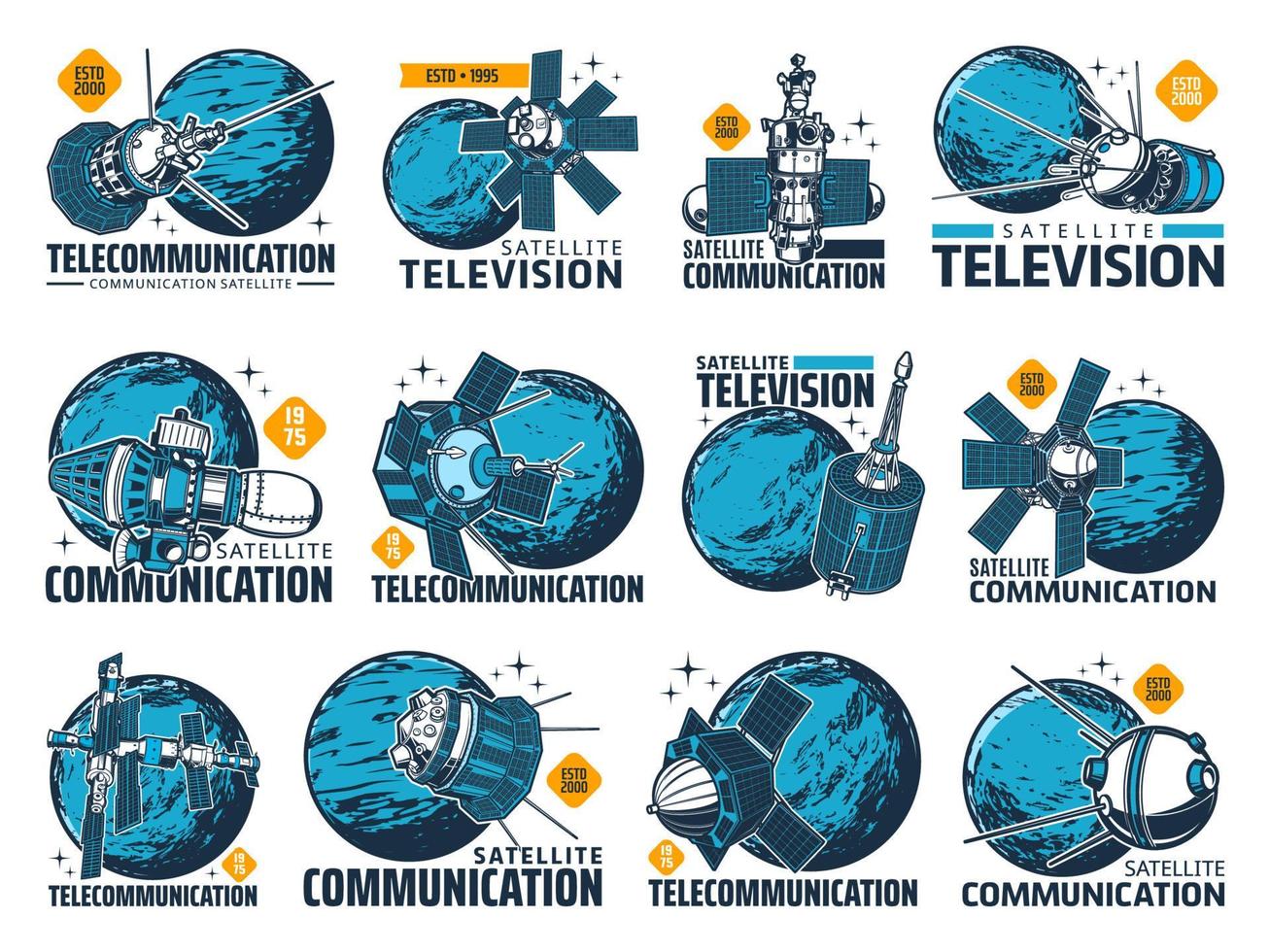 ícones de satélite de telecomunicações e televisão vetor