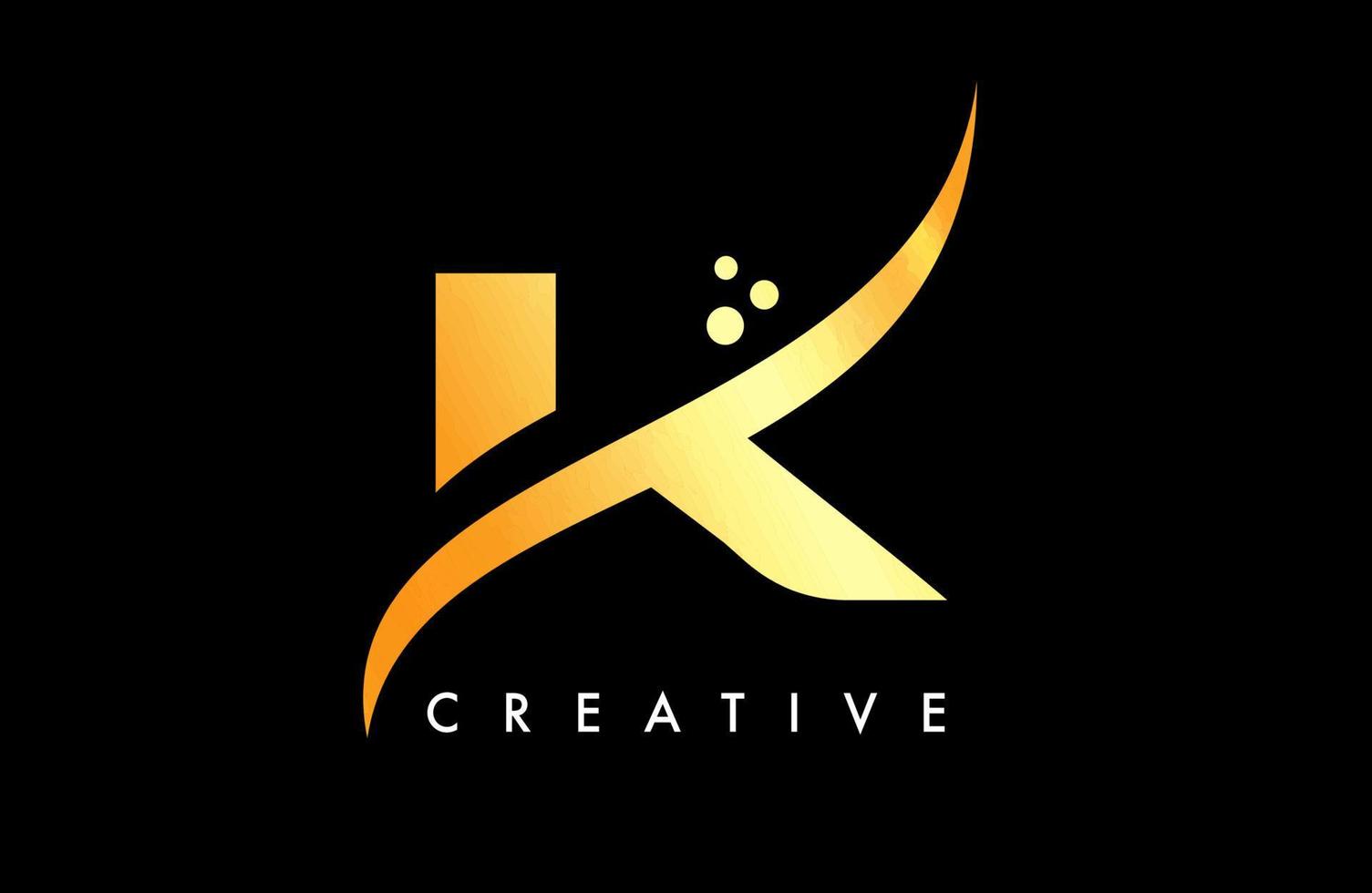 design de logotipo de letra k dourada com swoosh criativo elegante e vetor de pontos