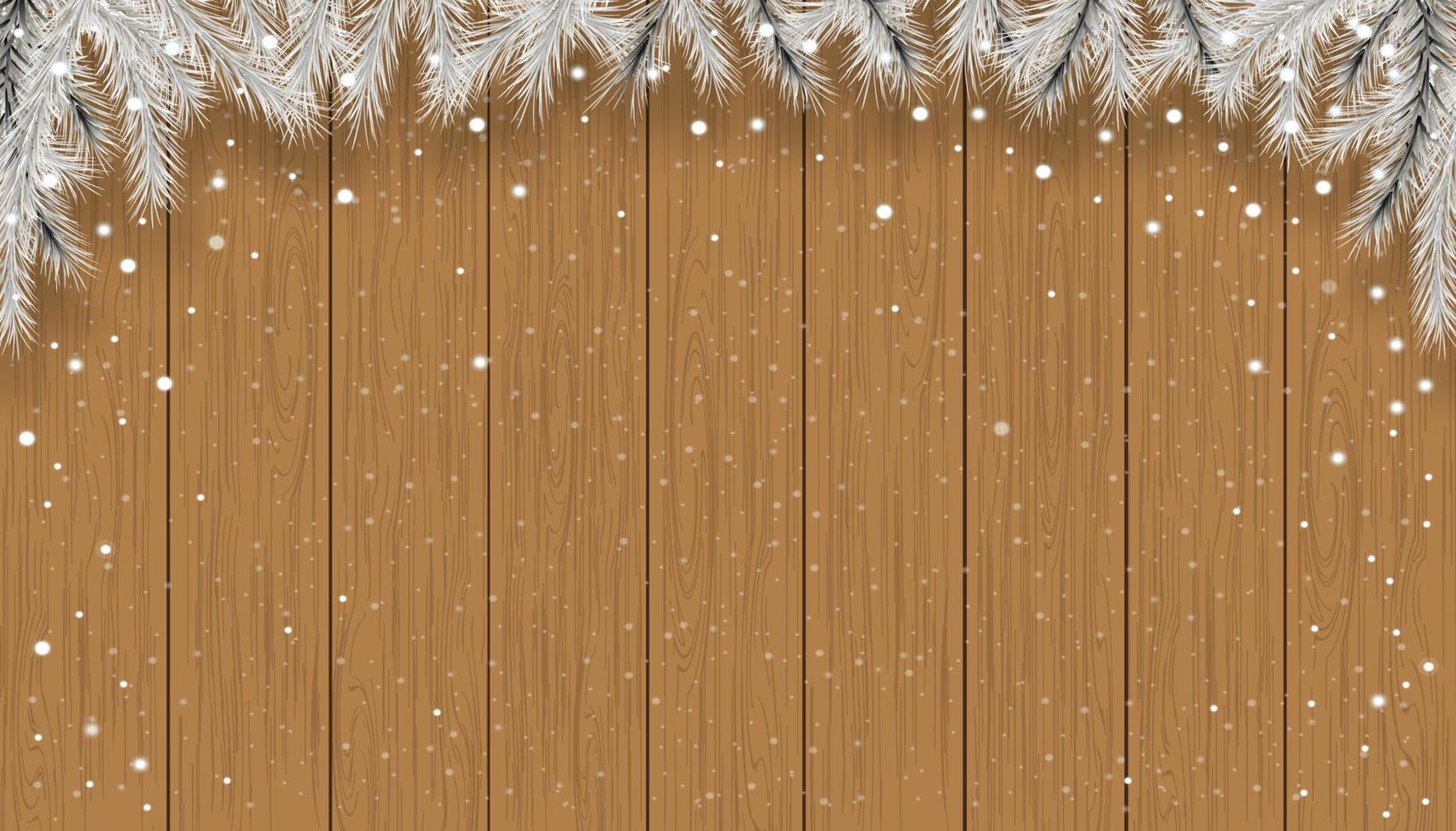 fundo de natal com flocos de neve na textura de madeira marrom, cena de inverno vetorial com nevando na textura do painel de madeira, pano de fundo de banner de exibição 3d para o ano novo 2023 ou promoção de natal vetor