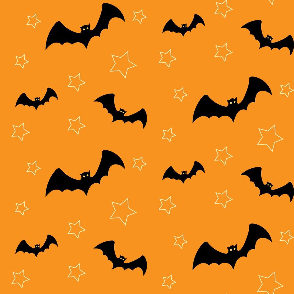 padrão sem emenda de halloween com morcegos voando ao redor de estrelas em fundo laranja. ilustração vetorial desenhada à mão para decoração de festa de halloween, scrapbooking, têxtil, papel de parede, design de cartões de saudação. vetor