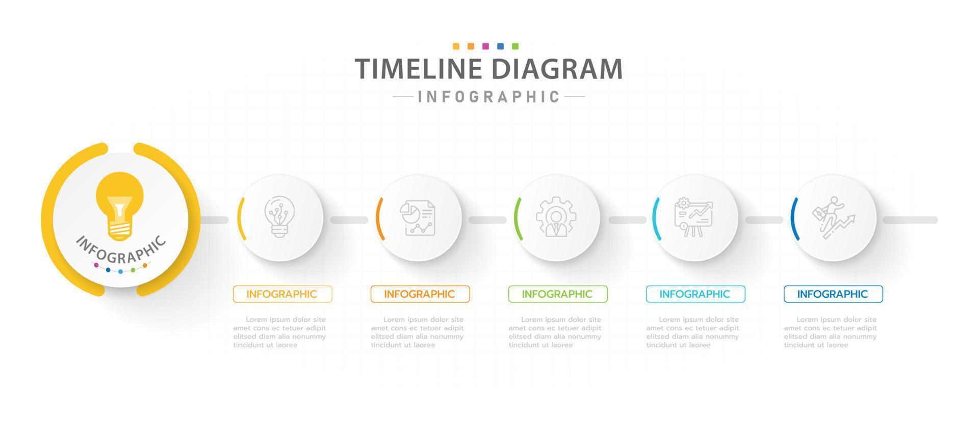 modelo de infográfico para negócios. Diagrama de linha do tempo moderno de 5 etapas com tópicos de círculo de progresso, infográfico de vetor de apresentação.