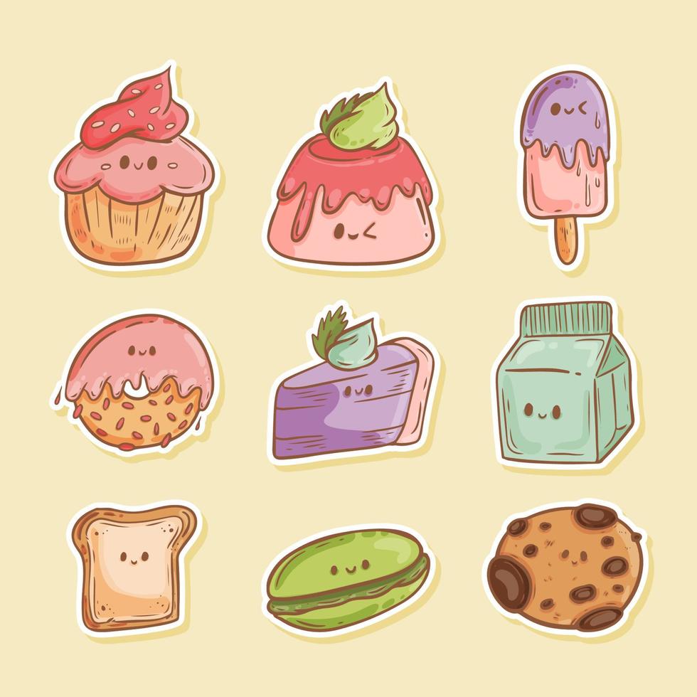 comida kawaii em adesivos de cores pastel vetor