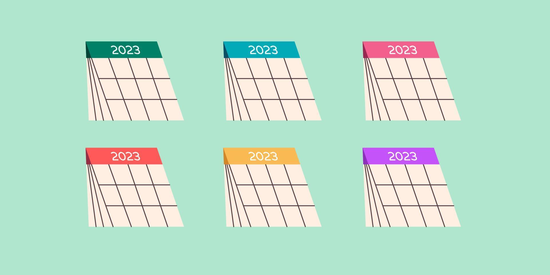 Conjunto de ícones de calendário desenhados à mão 2023, ilustrações de desenhos animados bonitos isoladas em fundo de hortelã, coleção de calendários de mesa multicoloridos, eps vetoriais editáveis vetor