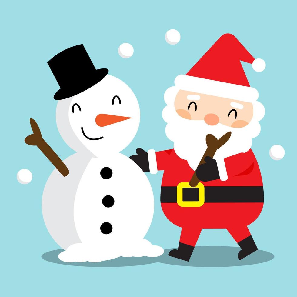 papai noel e boneco de neve com sorridente, fofo personagem de natal de papai noel, elementos de design de feliz natal, ilustração vetorial isolada em fundo azul. vetor