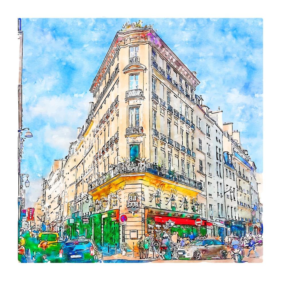 arquitetura paris frança esboço em aquarela ilustração desenhada à mão vetor