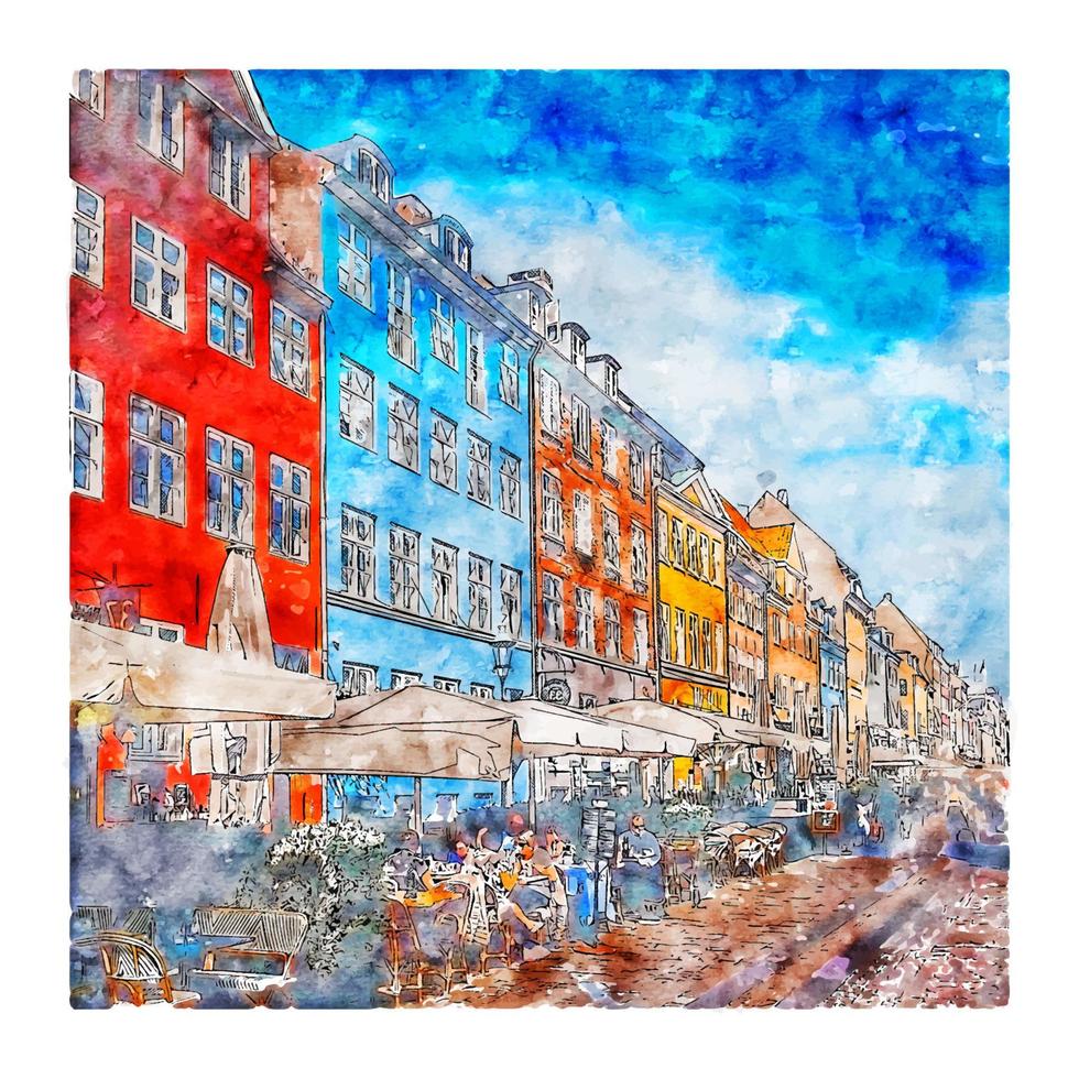 copenhague dinamarca esboço em aquarela ilustração desenhada à mão vetor