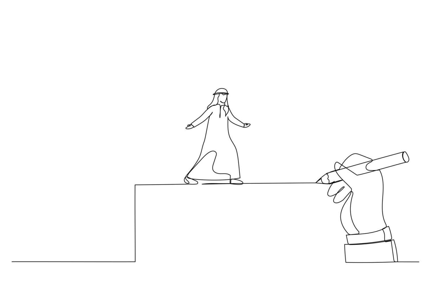desenho de mão gigante desenha uma estrada para o empresário árabe andar. estilo de arte de linha única vetor