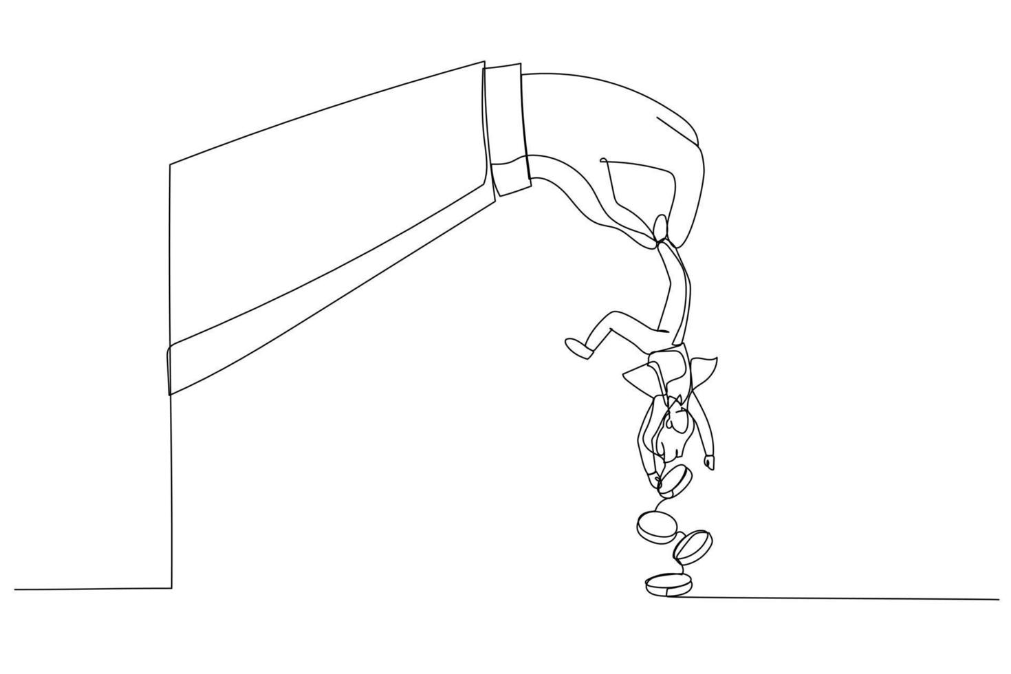 ilustração de empresária de ganância segurar pessoas pequenas tremendo para obter todo o seu dinheiro. metáfora para aumento de impostos, aumento de impostos do governo ou roubar dinheiro das pessoas. estilo de arte de linha única vetor