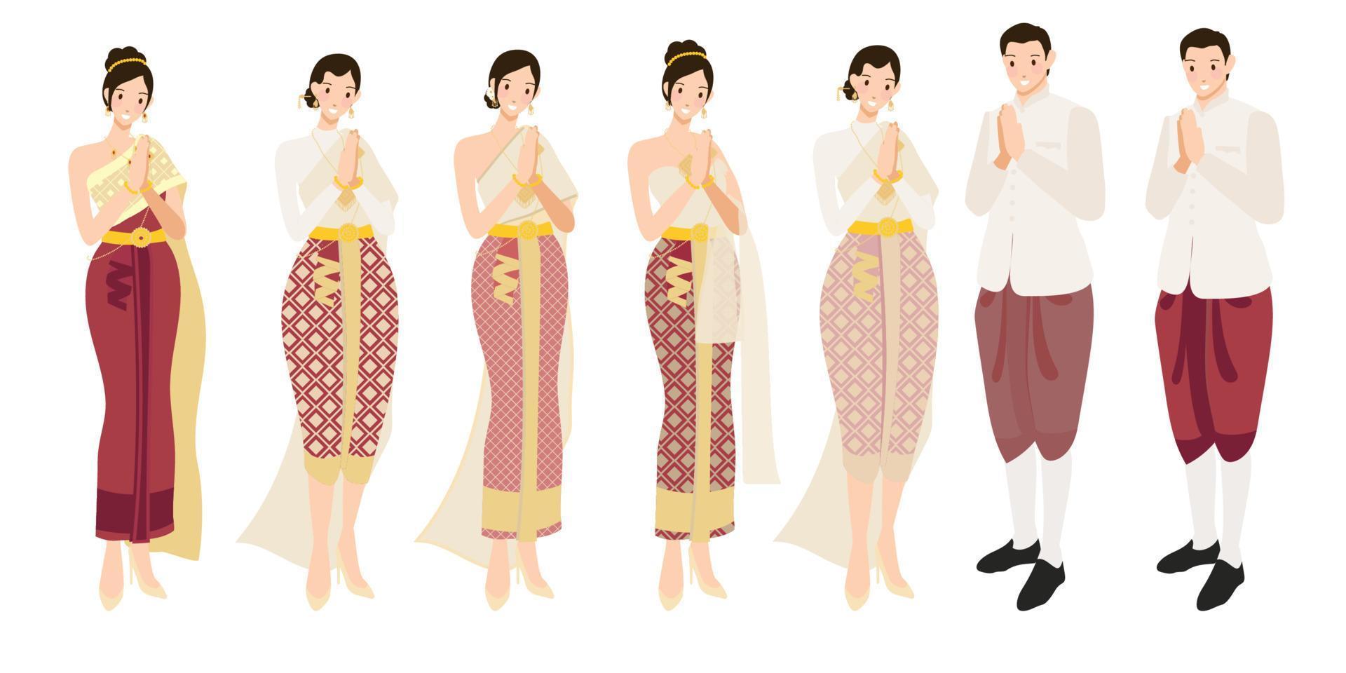 casal de noivos tailandeses cumprimentando sawasdee em ilustração de vetores eps10 de vestido tradicional
