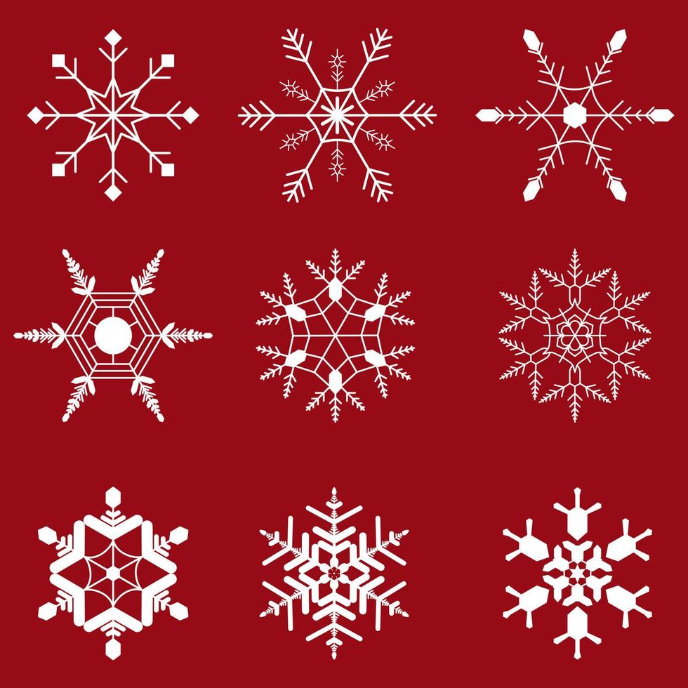 coleção de flocos de neve com fundo vermelho vetor
