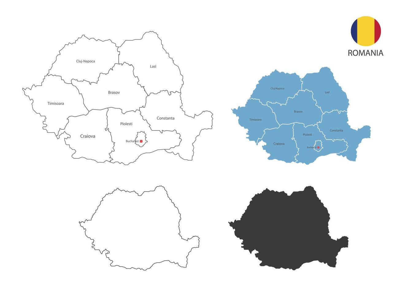 4 estilo de ilustração vetorial de mapa da Romênia têm todas as províncias e marcam a capital da Romênia. pelo estilo de simplicidade de contorno preto fino e estilo de sombra escura. isolado no fundo branco. vetor