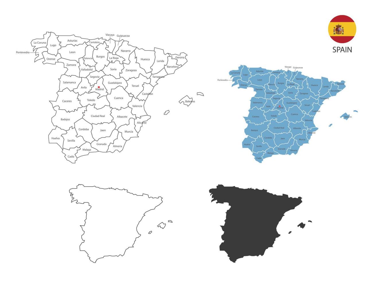 4 estilo de ilustração vetorial de mapa de espanha têm toda a província e marcam a capital da espanha. pelo estilo de simplicidade de contorno preto fino e estilo de sombra escura. isolado no fundo branco. vetor