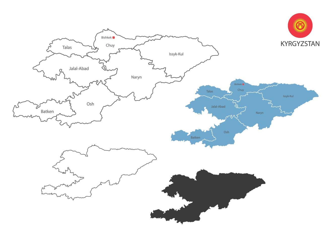 4 estilo de ilustração vetorial de mapa do Quirguistão têm todas as províncias e marcam a capital do Quirguistão. pelo estilo de simplicidade de contorno preto fino e estilo de sombra escura. isolado no fundo branco. vetor