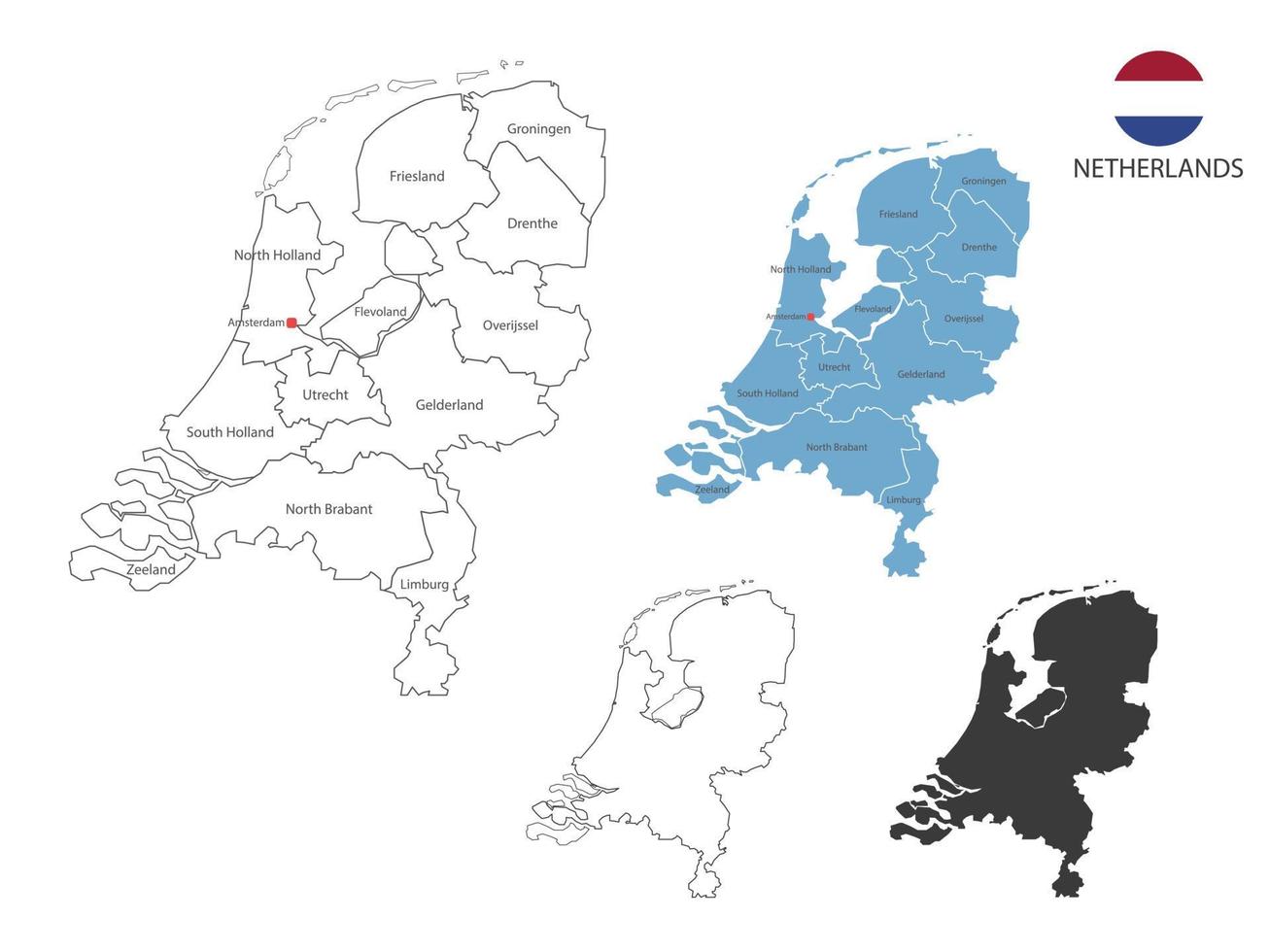 4 estilo de ilustração vetorial de mapa da Holanda têm todas as províncias e marcam a capital da Holanda. pelo estilo de simplicidade de contorno preto fino e estilo de sombra escura. isolado no fundo branco. vetor