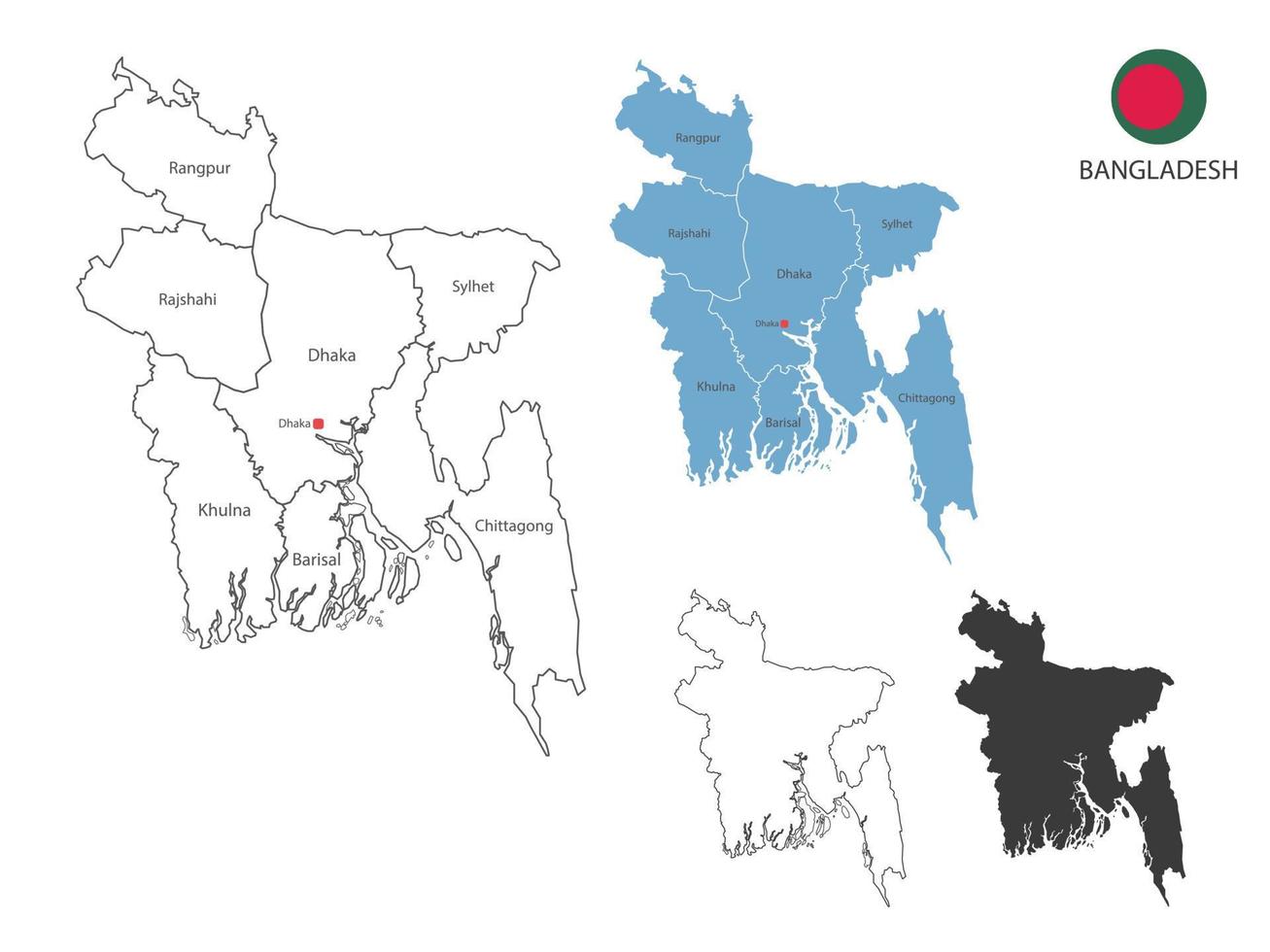 4 estilo de ilustração vetorial de mapa de bangladesh têm toda a província e marcam a capital de bangladesh. pelo estilo de simplicidade de contorno preto fino e estilo de sombra escura. isolado no fundo branco. vetor