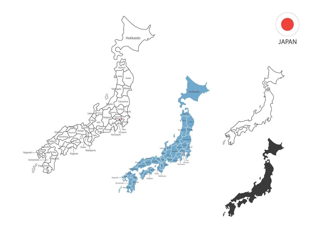 4 estilo de ilustração vetorial de mapa do japão têm todas as províncias e marcam a capital do japão. pelo estilo de simplicidade de contorno preto fino e estilo de sombra escura. isolado no fundo branco. vetor