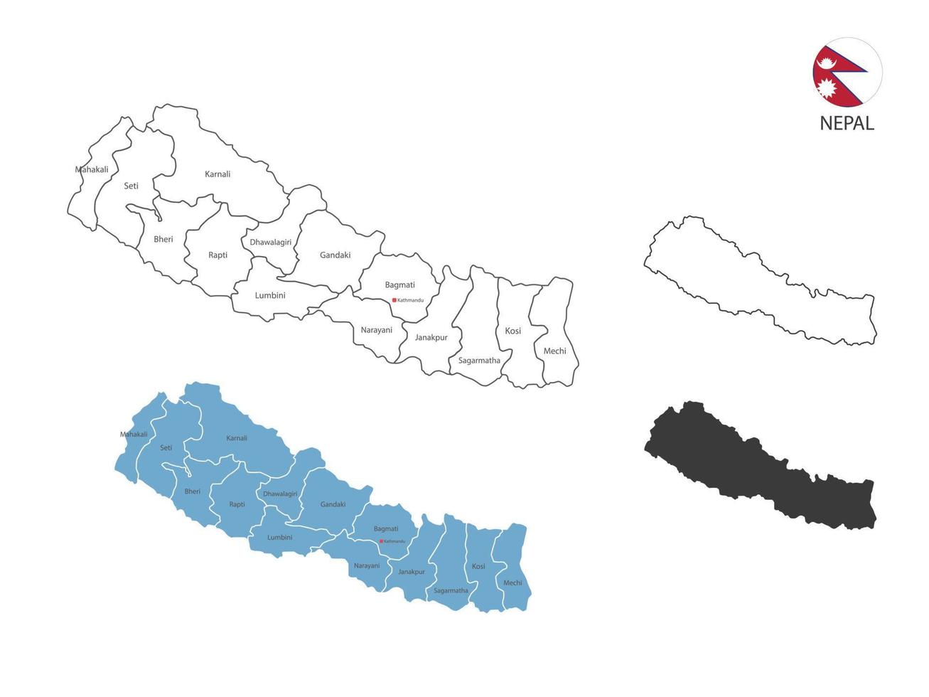 4 estilo de ilustração vetorial de mapa do nepal tem toda a província e marca a capital do nepal. pelo estilo de simplicidade de contorno preto fino e estilo de sombra escura. isolado no fundo branco. vetor