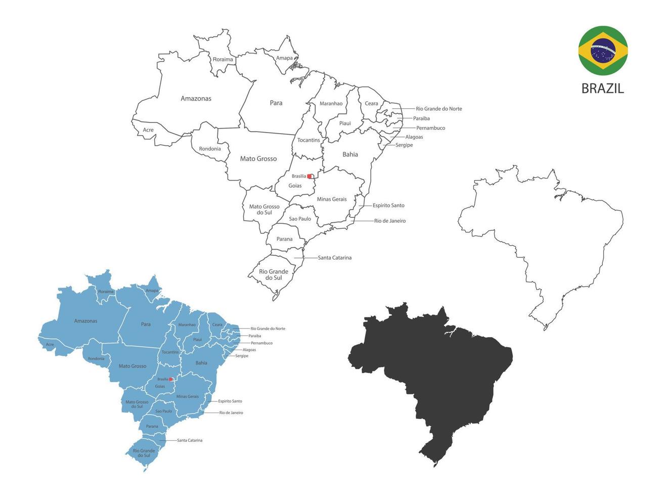 4 estilo de ilustração vetorial de mapa do brasil têm todas as províncias e marcam a capital do brasil. pelo estilo de simplicidade de contorno preto fino e estilo de sombra escura. isolado no fundo branco. vetor