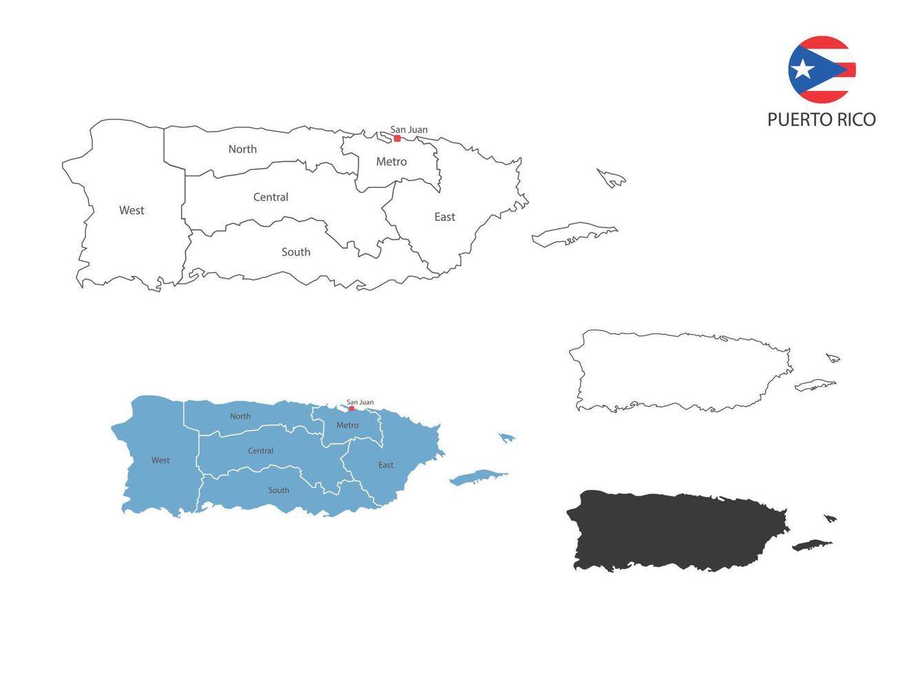 4 estilo de ilustração vetorial de mapa de porto rico têm toda a província e marcam a capital de porto rico. pelo estilo de simplicidade de contorno preto fino e estilo de sombra escura. isolado no fundo branco. vetor