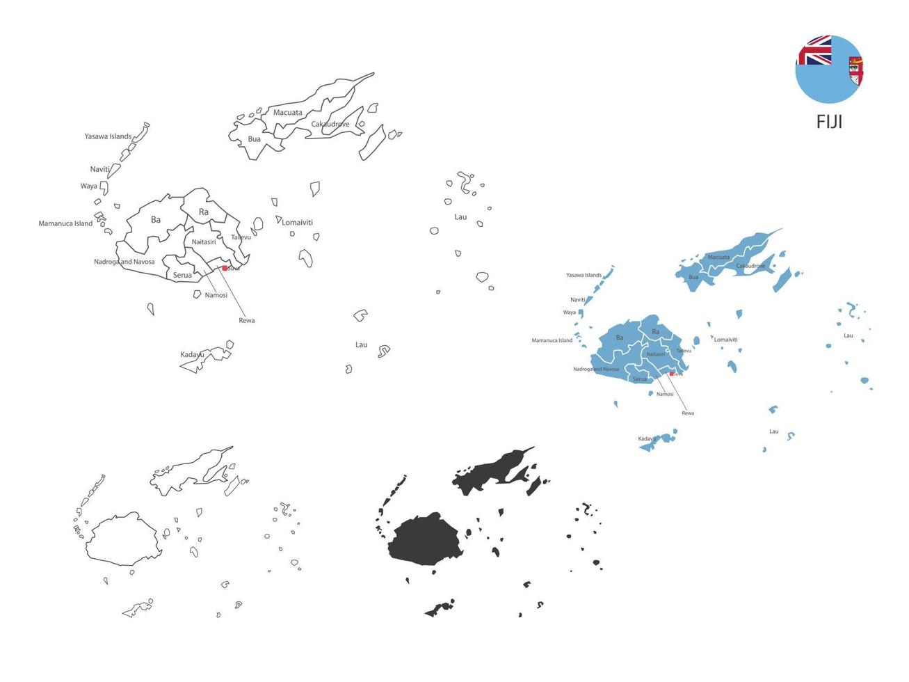 4 estilo de ilustração vetorial de mapa de fiji têm toda a província e marcam a capital de fiji. pelo estilo de simplicidade de contorno preto fino e estilo de sombra escura. isolado no fundo branco. vetor