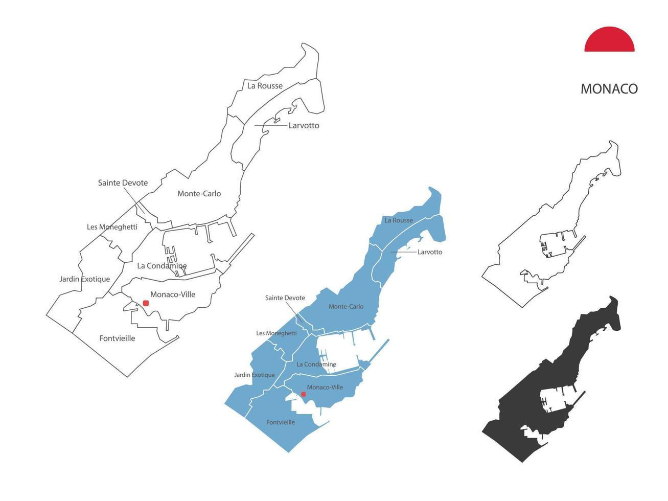 4 estilo de ilustração vetorial de mapa de Mônaco têm todas as províncias e marcam a capital de Mônaco. pelo estilo de simplicidade de contorno preto fino e estilo de sombra escura. isolado no fundo branco. vetor