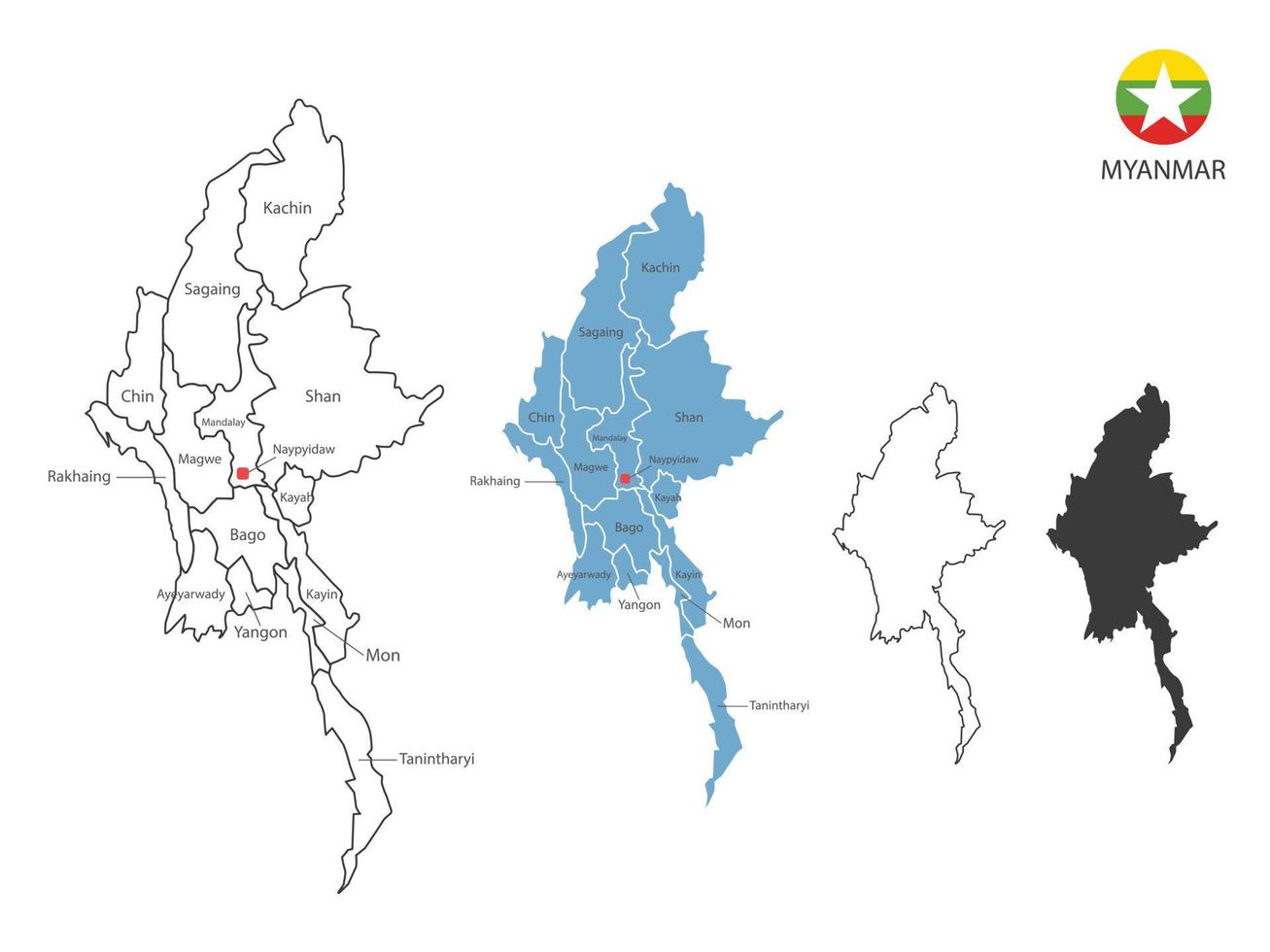 4 estilo de ilustração vetorial de mapa de mianmar têm todas as províncias e marcam a capital de mianmar. pelo estilo de simplicidade de contorno preto fino e estilo de sombra escura. isolado no fundo branco. vetor