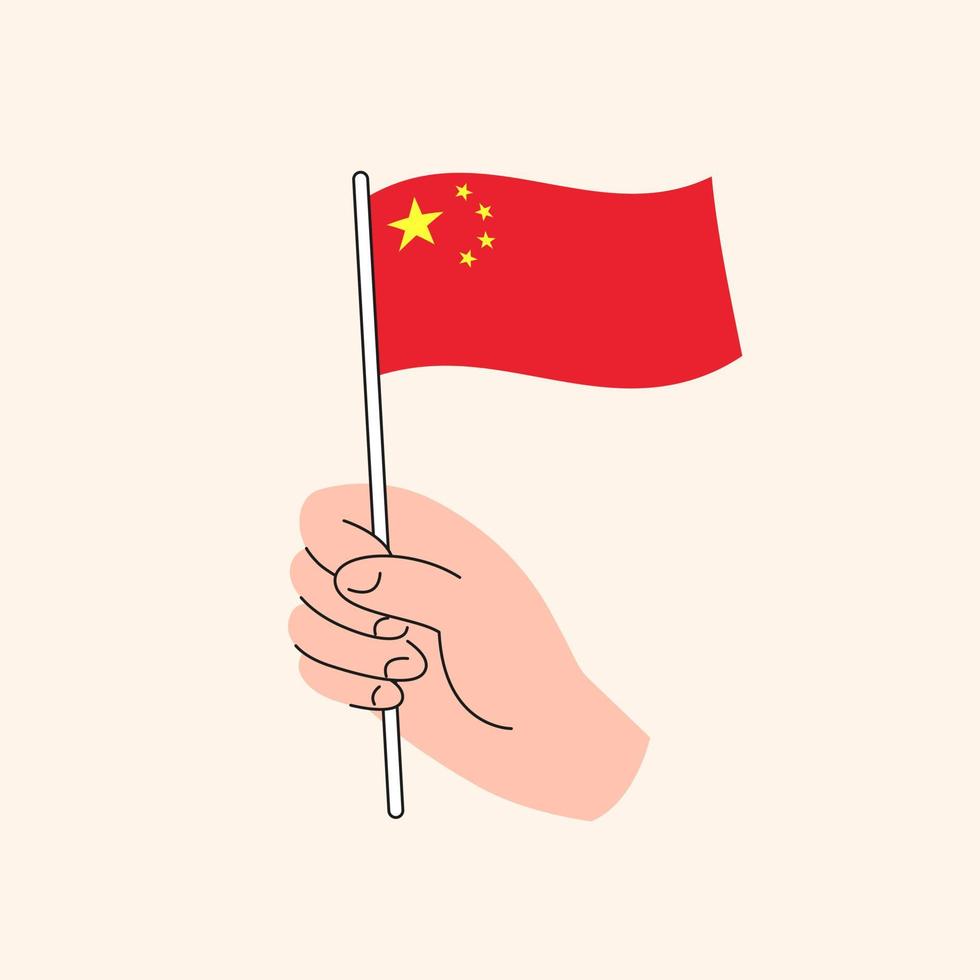 mão dos desenhos animados segurando a bandeira chinesa, a bandeira da china, ilustração do conceito. vetor de design plano isolado.