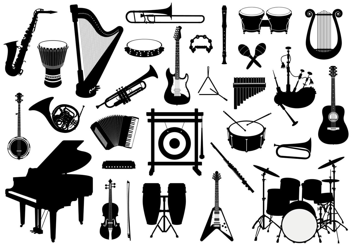 conjunto de silhuetas de instrumentos musicais, bateria, percussão, teclado e ilustrações de instrumentos de cordas vetor