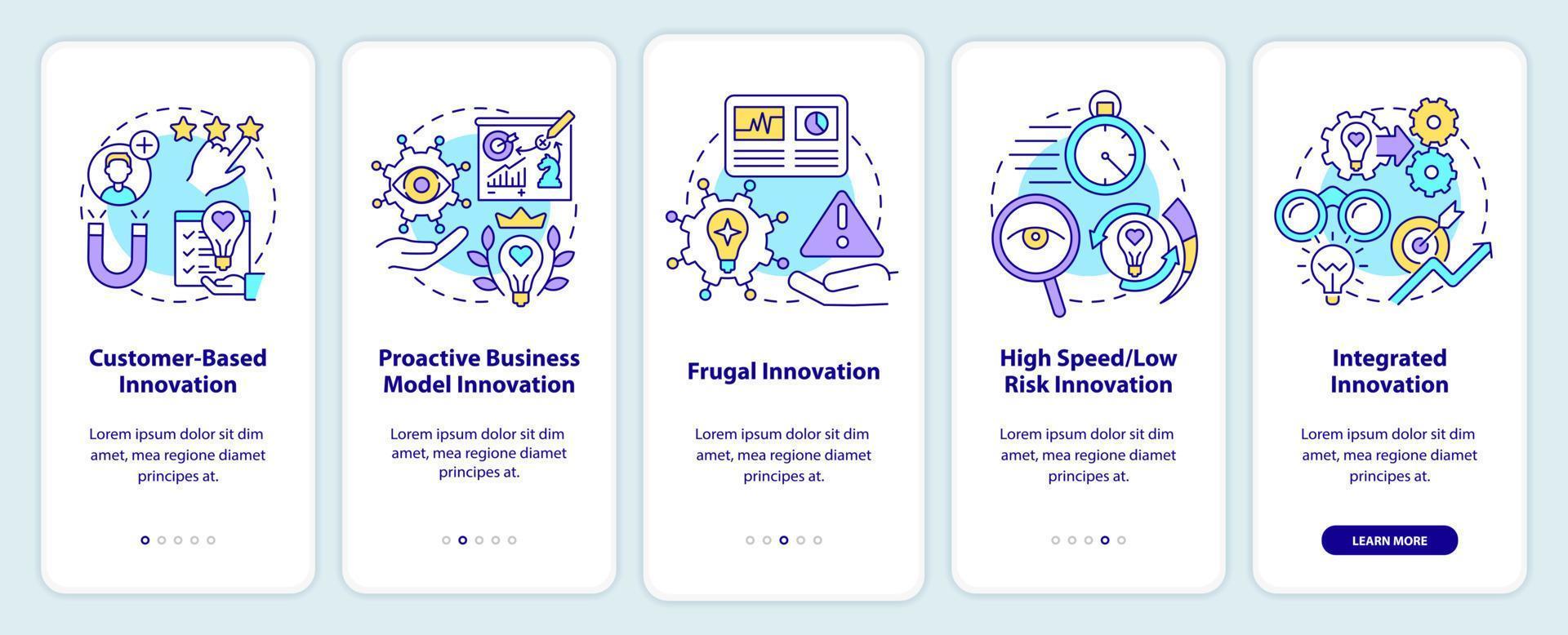 conceitos de inovação futuros integrando a tela do aplicativo móvel. Páginas de instruções gráficas passo a passo com base no cliente em 5 etapas com conceitos lineares. ui, ux, modelo de gui. vetor