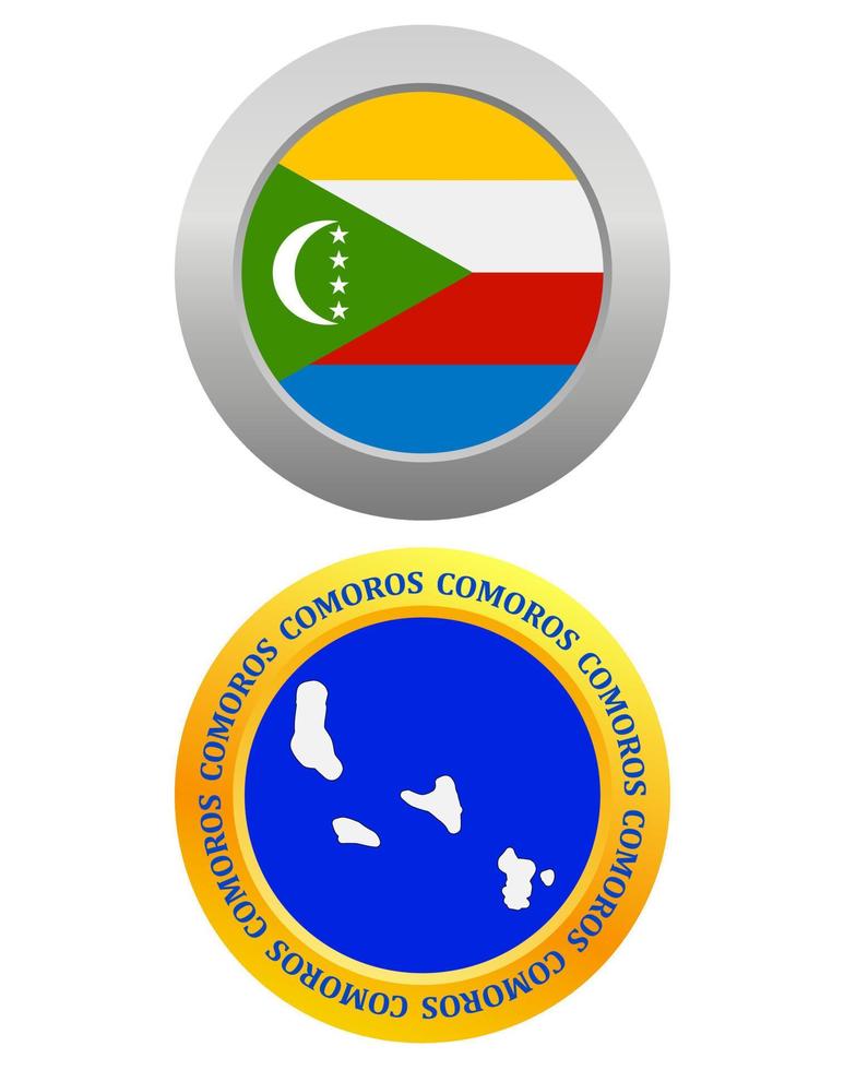 botão como um símbolo bandeira de comores e mapa em um fundo branco vetor