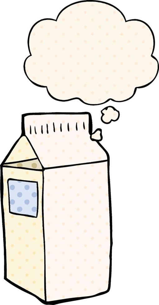 caixa de leite dos desenhos animados e balão de pensamento no estilo de quadrinhos vetor