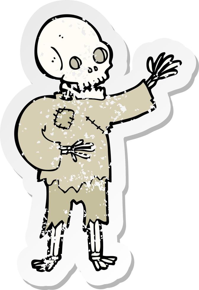 adesivo retrô angustiado de um esqueleto de desenho animado acenando vetor