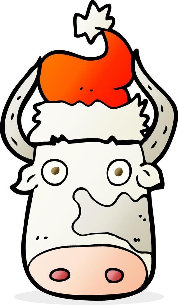 vaca de desenho animado desenhada à mão livre usando chapéu de natal vetor