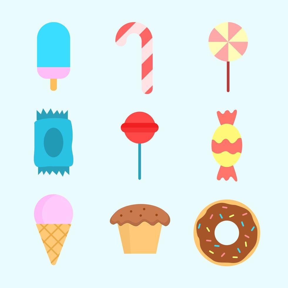 conjunto de sobremesas. comida doce. sorvete, donuts, muffins, doces. ilustração vetorial dos desenhos animados. vetor