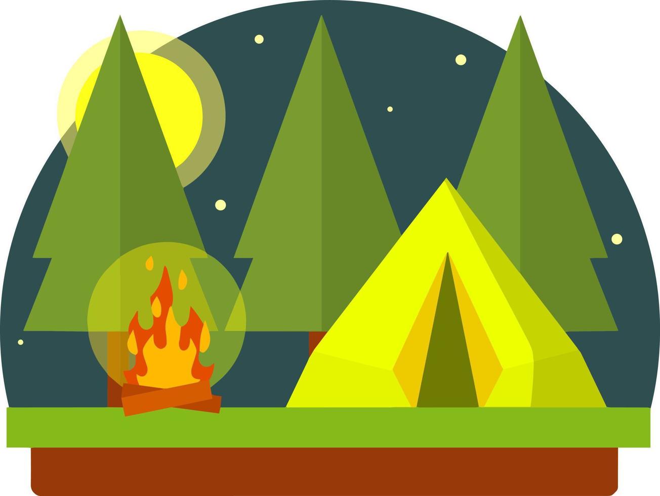 tenda amarela na floresta. atividade ao ar livre. acampamento e caminhada. fogueira e descansar na floresta. viagem à natureza. ilustração plana de desenho animado vetor