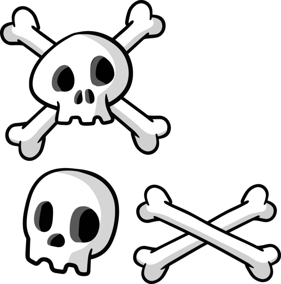 crânio humano e ossos cruzados. cabeça do morto. bandeira pirata jolly roger. ilustração plana dos desenhos animados engraçados. conjunto de símbolo de ladrões e halloween vetor