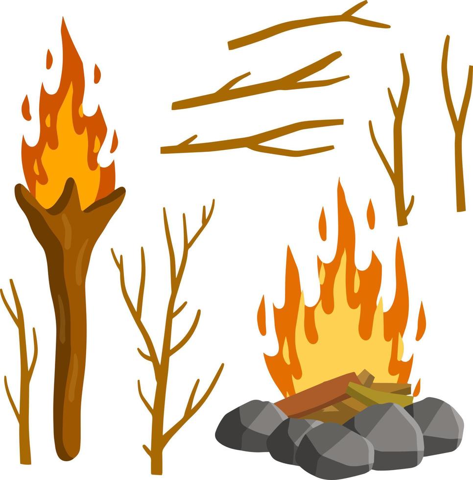 fogo e tocha. conjunto de galhos de árvores. varas em chamas. fogueira e objetos do homem primitivo. pedras e madeira. ilustração plana de desenho animado vetor