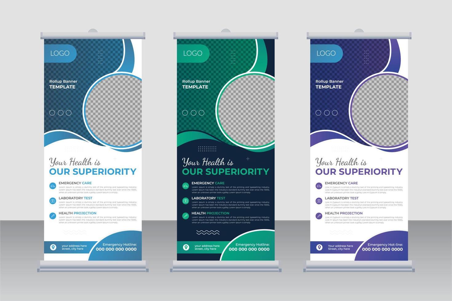 layout de design de banner de roll-up médico, design de pull-up de layout de conceito de sinalização standee para promoção de negócios com 2 variações de cores. vetor