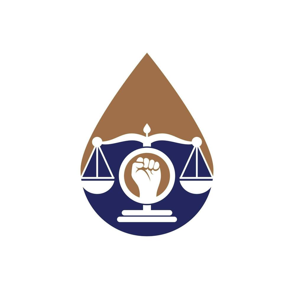 ícone de design de logotipo de conceito de forma de gota de punho de lei. escalas de justiça em design de modelo de logotipo de mão. conceito de logotipo de justiça de revolução. vetor