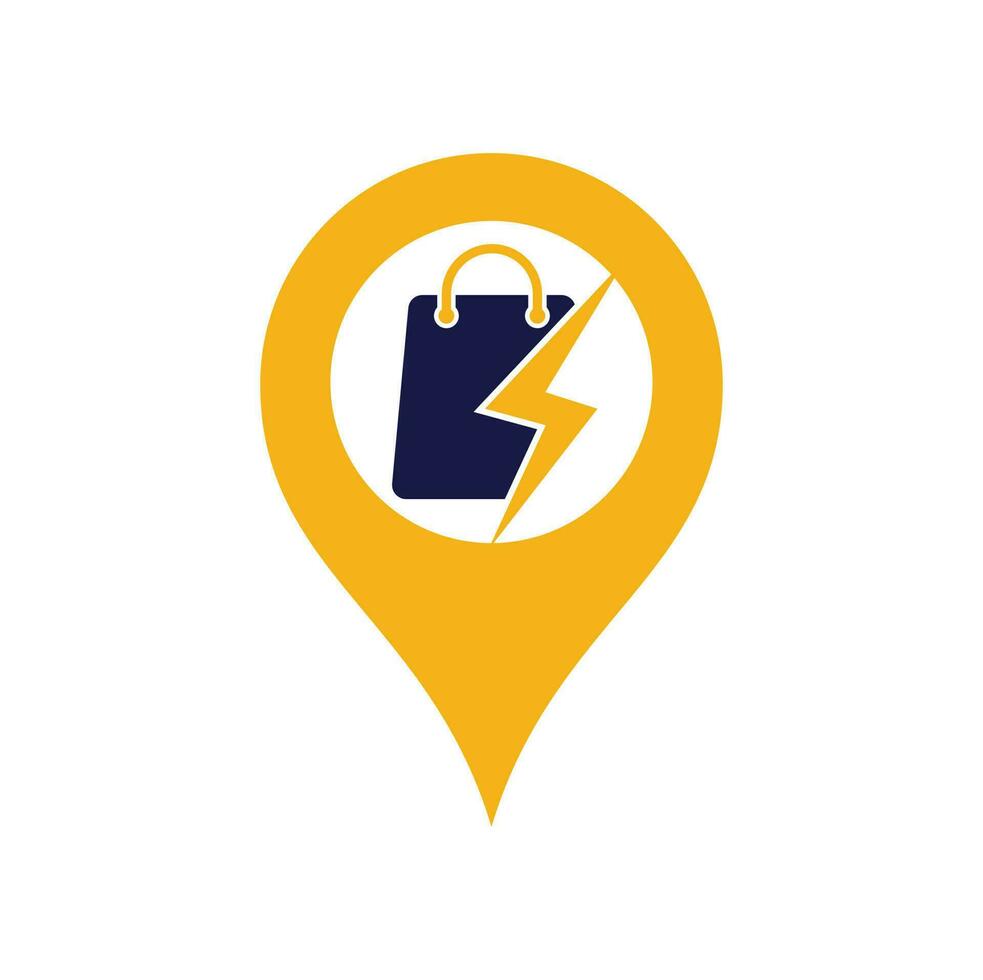 trovão loja mapa pin forma conceito logotipo design vector. logotipo da loja rápida. saco de compras combinado com vetor de ícone de energia ou relâmpago