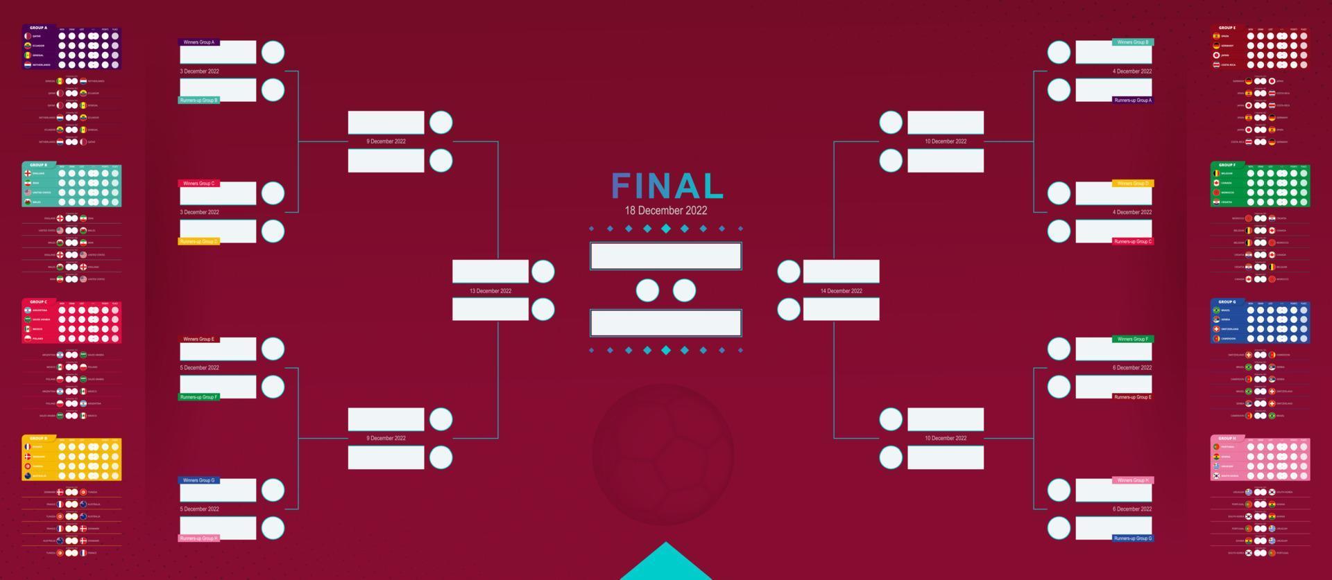 calendário de jogos do mundo 2022, tabela de resultados de futebol com bandeiras dos participantes. suporte de torneio em design horizontal. vetor