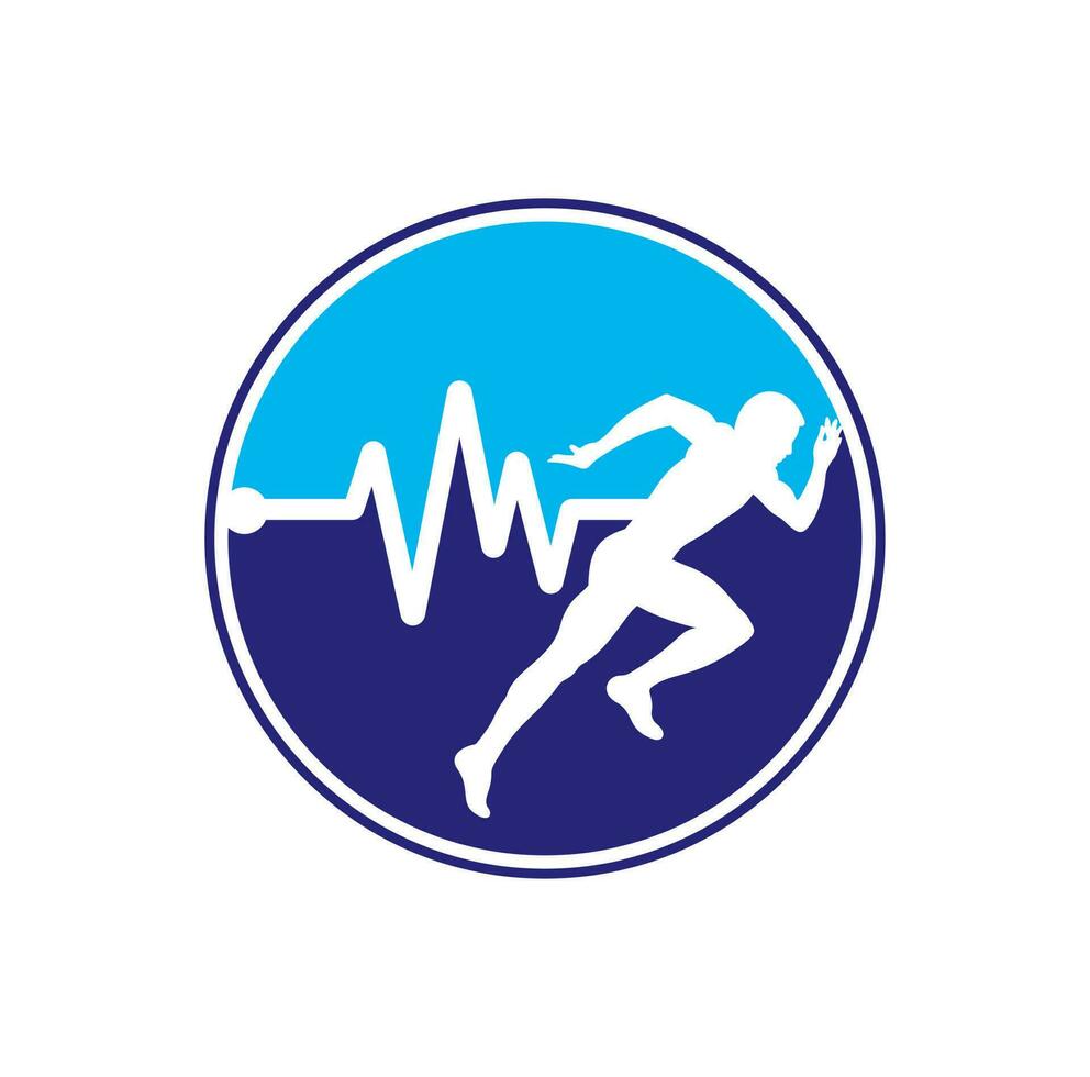 vetor de ícone de design de logotipo de maratona de pulso. design de logotipo de cuidados de saúde do corpo. homem correndo com ícone de batimento cardíaco de linha ecg.